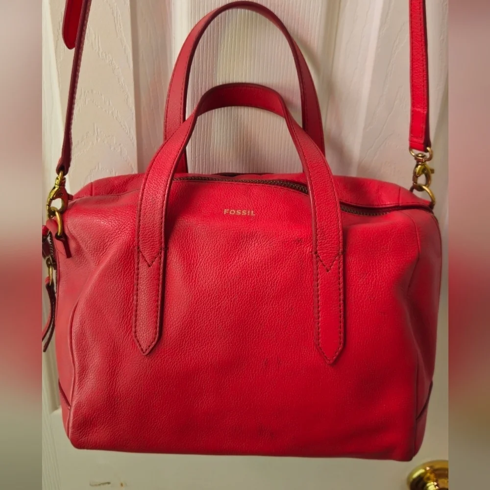 Fossil Sydney Red Leather Satchel w/Crossbody Strap